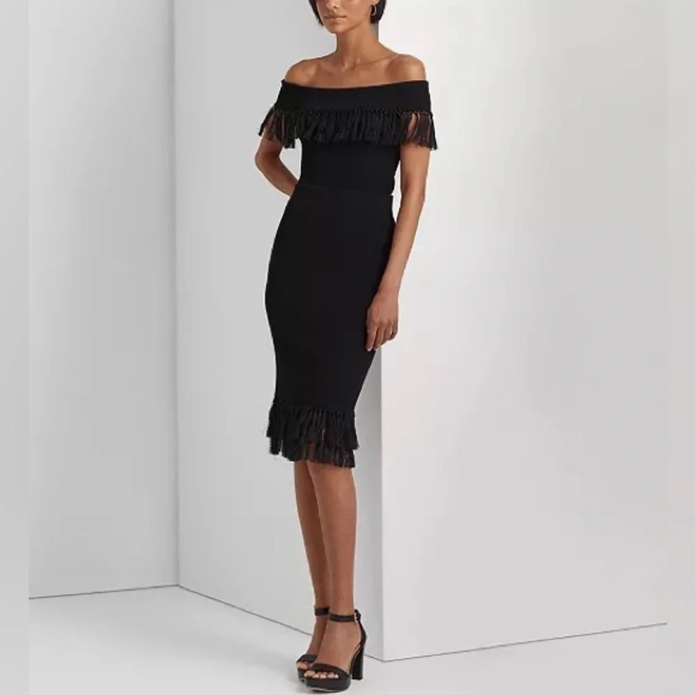 nwt $225 Lauren Ralph Lauren Rib-Knit Pencil Skirt with Fringe-Trim Black Small - Picture 12 of 15